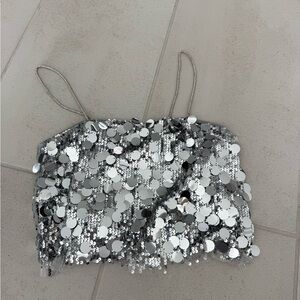 Silver Sequin Spaghetti-Strap Crop Top